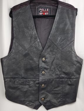 Vintage Pelle Sport Black Leather Men's Button Vest Satin Lined & Back Cinch